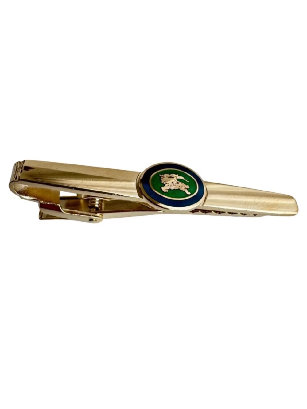 Burberry Tie Clip Horse Knight Green Enamel Gold Tone Bar Vintage Accessory Gift